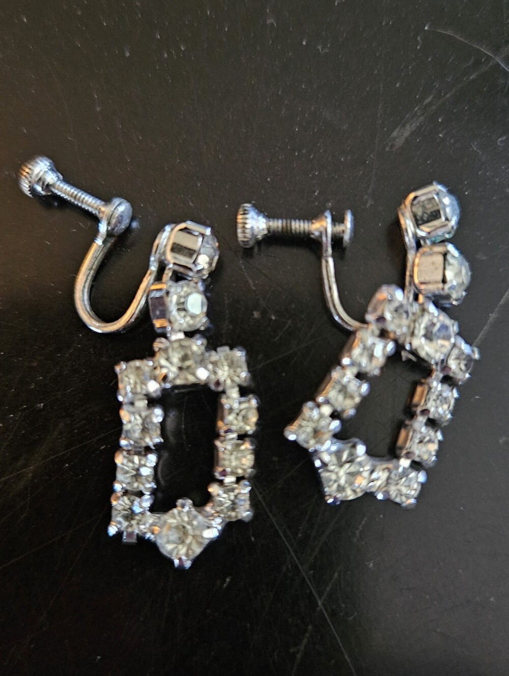 Vintage 1950s Silver Tone Clear Rhinestone Geometric Rectangular Drop Earrings,
